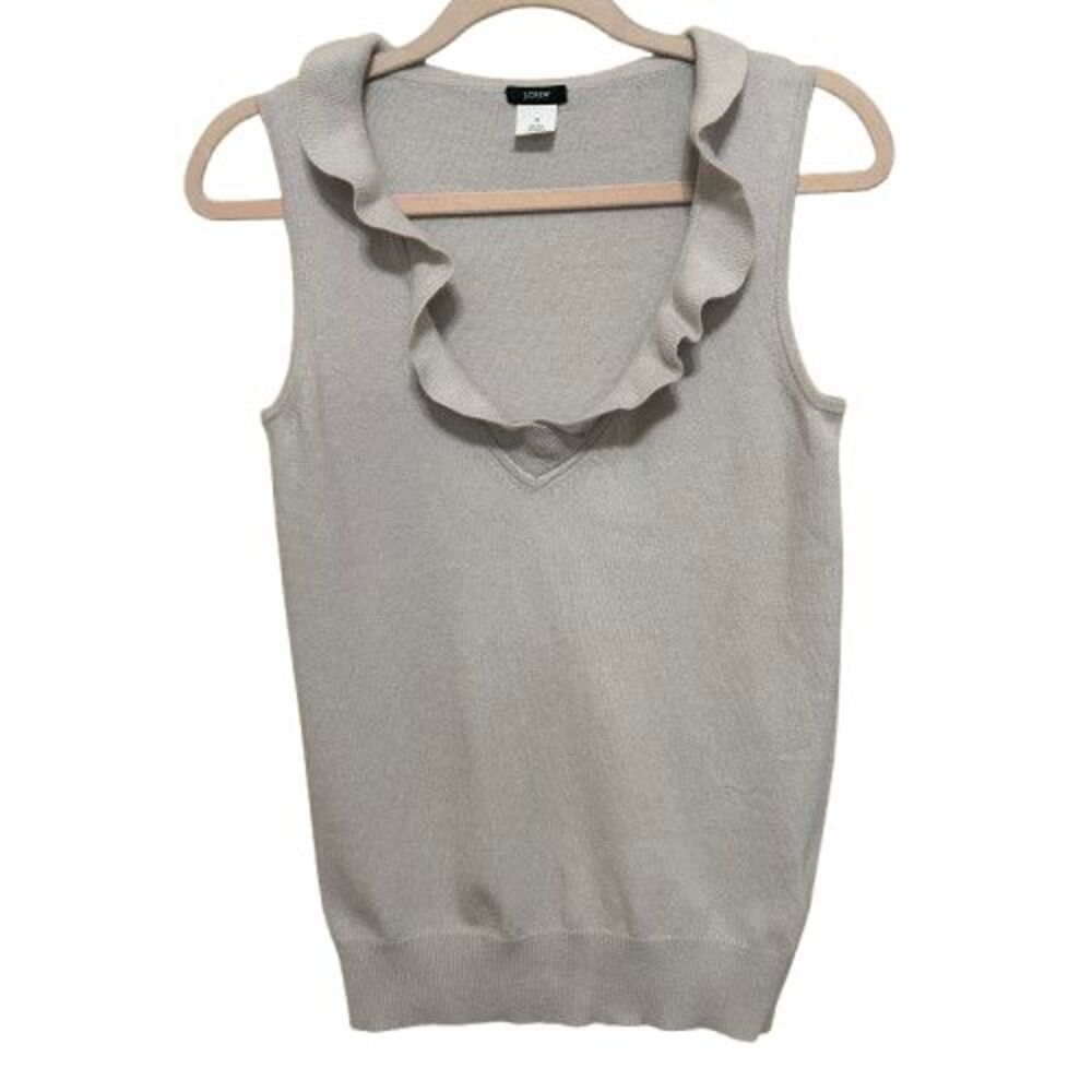 J Crew Sleeveless Sweater Womens XS Gray Wool Cashmere Ruffle Collar Twee